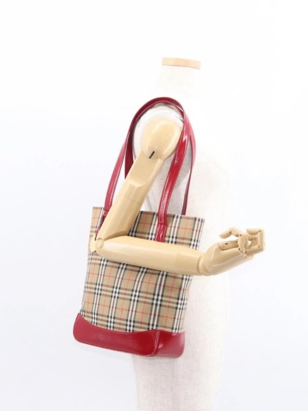 BURBERRY Nova Check Tote Bag Canvas Leather Beige Red gold Auth gh1367 - Picture 15 of 16